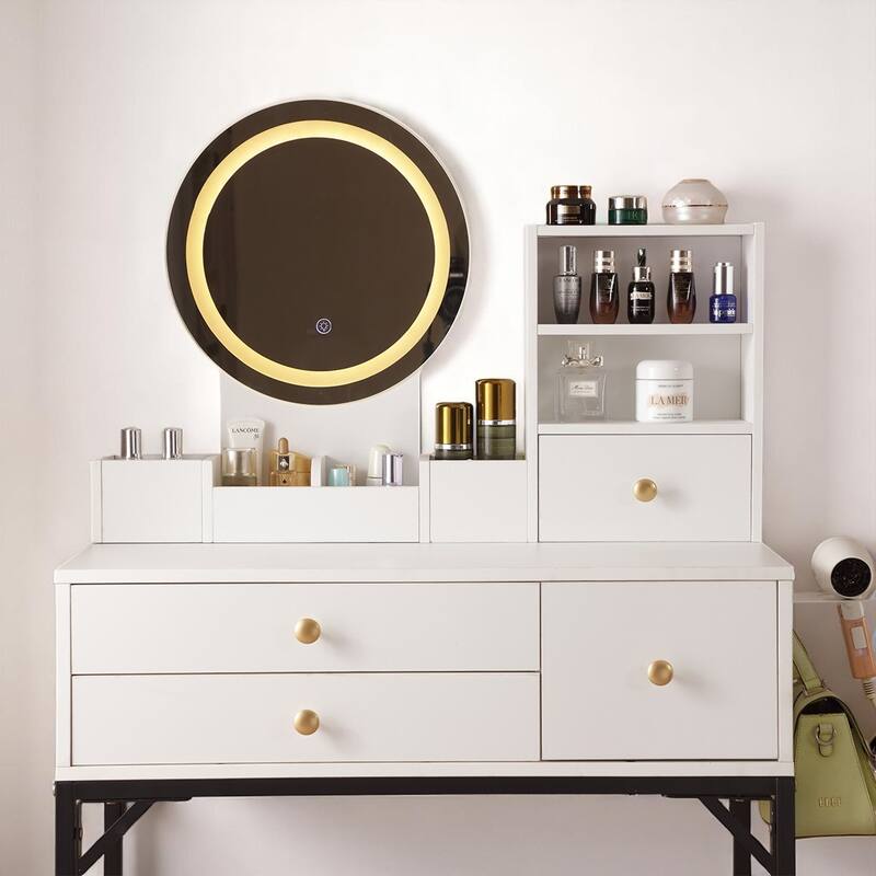 Makeup Vanity Table with Lighted Mirror & Power Outlet - Storage Drawers, Bookshelves & Iron Bracket