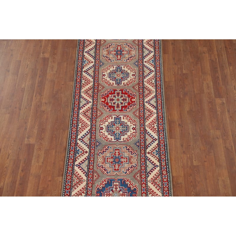 Geometric Brown Kazak Oriental Runner Rug Handmade Wool Carpet - 2'8" x 9'11"