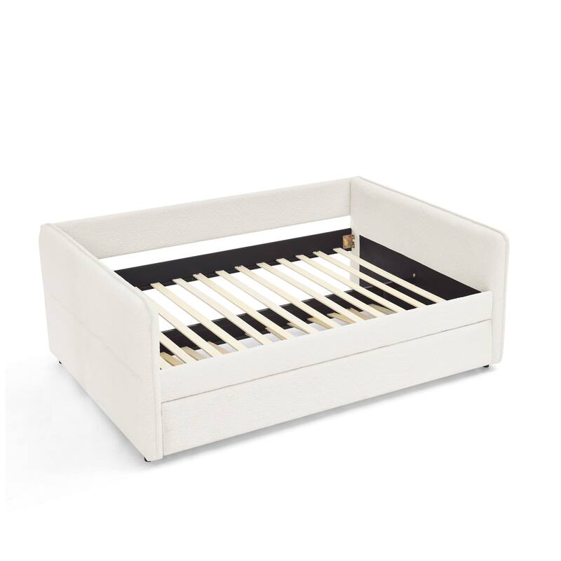 Roomfitters Twin/Full Boucle Daybed with Trundle, Upholstered Sofa Bed Frame with Vertical Stripes, Beige