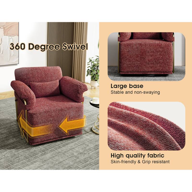 360 Degree Square Swivel Sofa Chair, Fluffy Upholstered Reading Chair with Gold Metal Legs, Red+Brown
