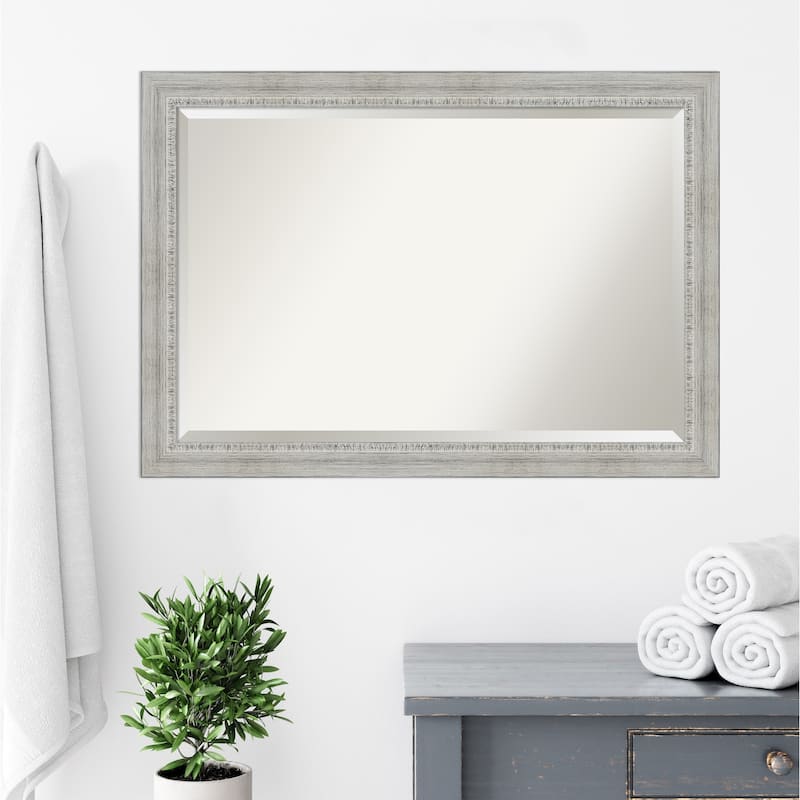 Beveled Wood Bathroom Wall Mirror - Rustic White Wash Frame