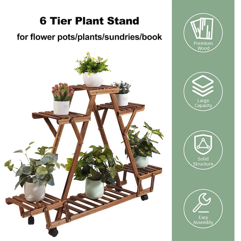 Movable Outdoor Ladder Plant Stand Garden Wood Rack with 6 Tiers