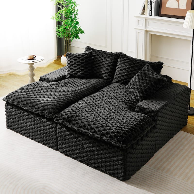 Lazy Reclining Sofa Turtle Velvet Modular Sleeper Sectional Sofa Bed with Double Chaise Lounge and Full Compressed Sponge - Black