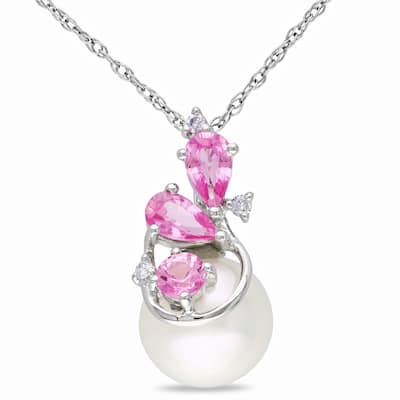 Miadora 8.5-9mm Cultured Freshwater Pearl, Diamond and Sapphire Cluster 10k White Gold