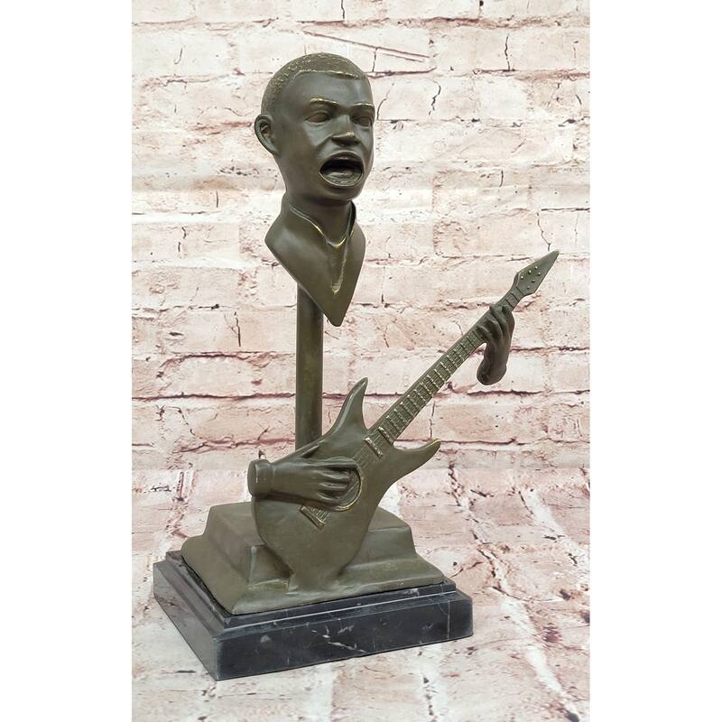 Electric Guitar Player Bronze Sculpture – Modern Musician Figurine On Marble Base