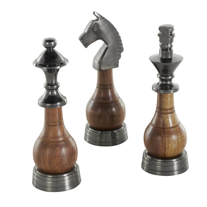 Aluminum Metal Chess Decorative Sculpture with Mango Wood Center - Set of 3 Silver or Dark Gray - Roche River Decor