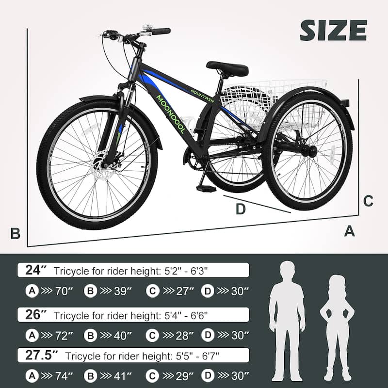 DoCred Mountain Tricycle 7 Speed 3 Wheel Bike with Basket