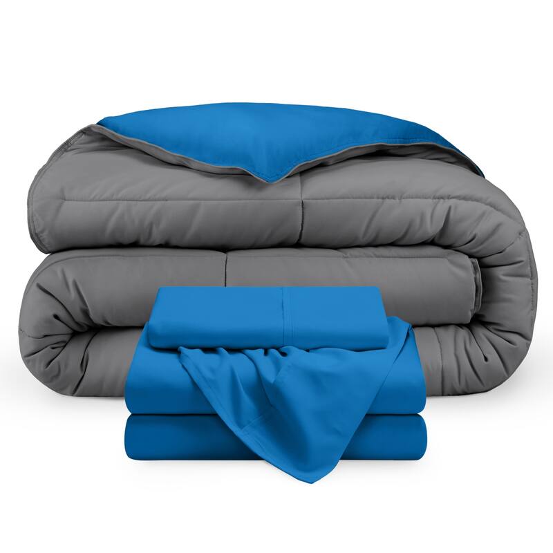 Bare Home Down Alternative Reversible Bed-in-a-Bag - Medium Blue/Grey, Sheets: Medium Blue - Twin XL