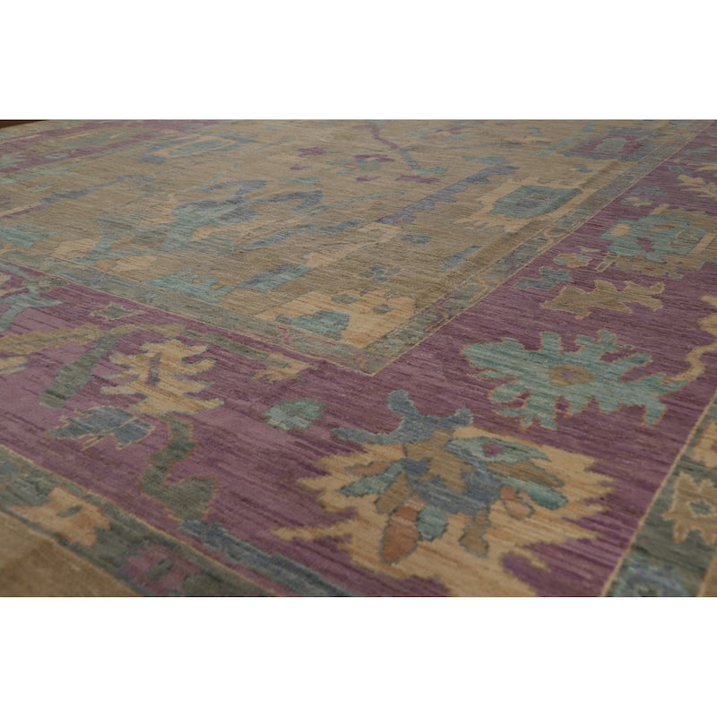 Hand Knotted Oriental 100% Wool Carpet Transitional All-Over Green Oushak Area Rug - 12' 0'' X 9' 1''