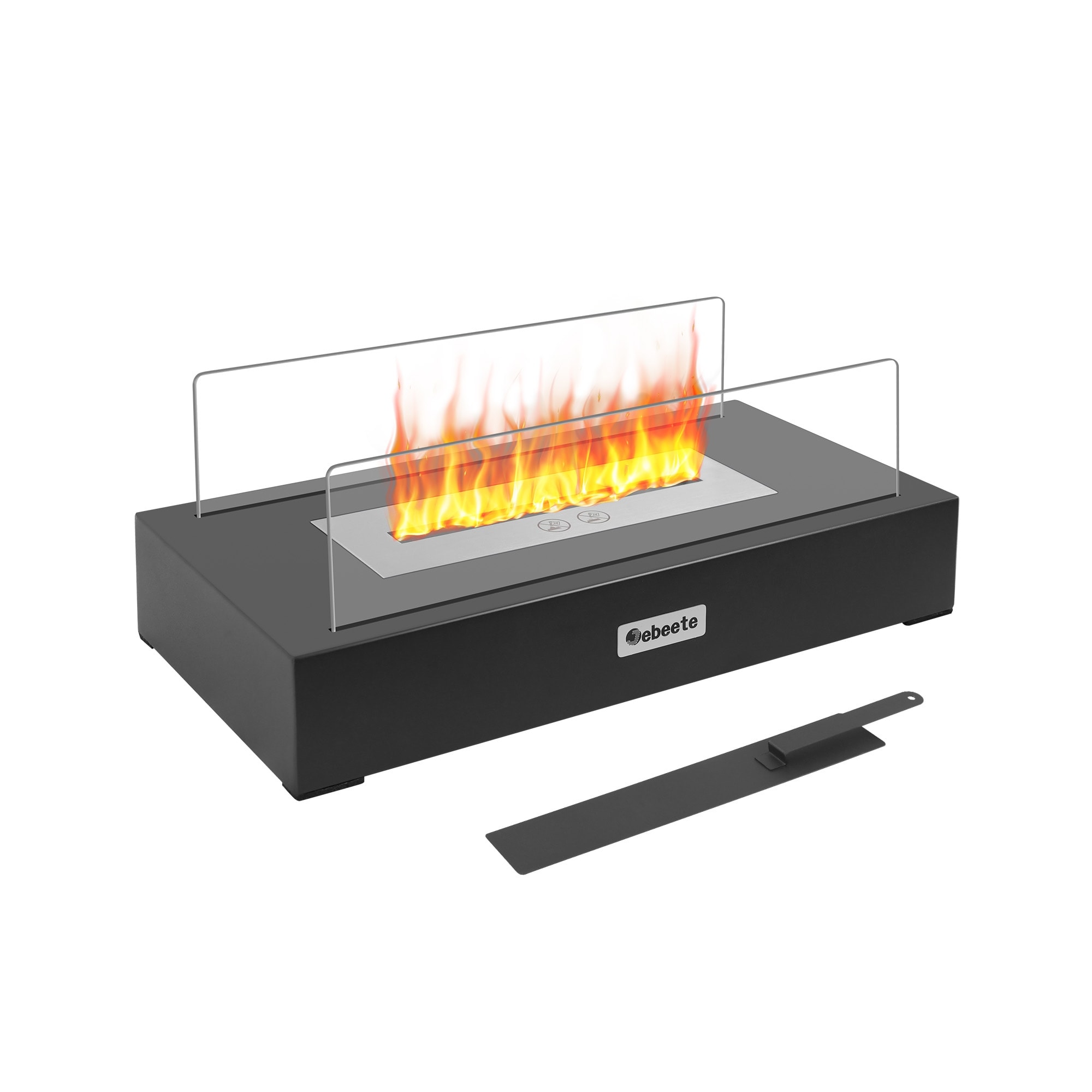 13.7 In. X 5.5 In. Bio-Ethanol Ventless Fireplace In Glass/Black Metal For Indoor/Outdoor, Smokeless Tabletop Fire Pit