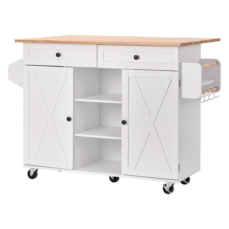 52" Kitchen Island Cart Rolling Storage Cabinet Table with Drawer & Drop Leaf - White