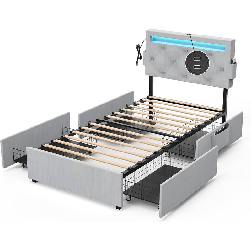 Adjustable Height Twin Size Upholstered Platform Bed with Built-in LED Lights, USB Charging Station, Side Pockets and Drawers