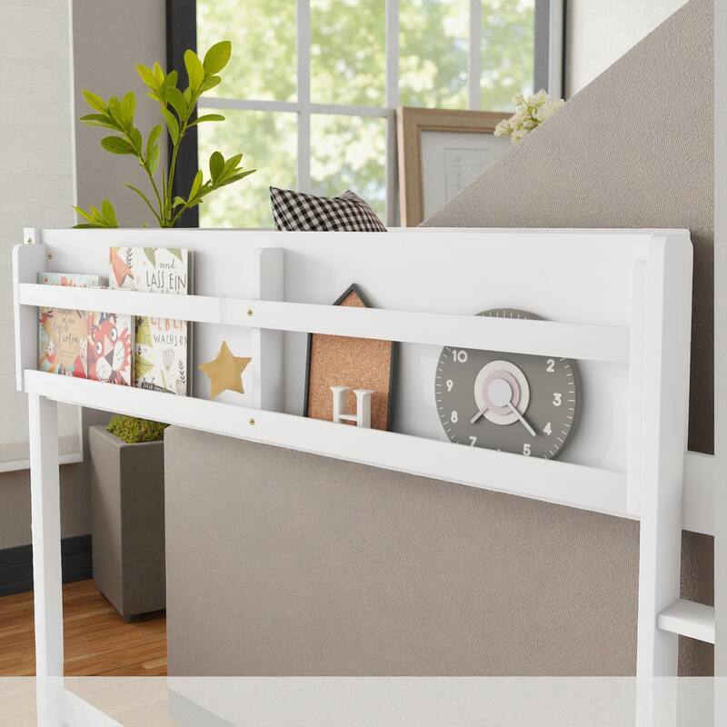 Low Twin Over Twin Floor Bunk Bed with Ladder and Shelf, Solid Wood Convertible Bunk Bed for Kids and Juniors