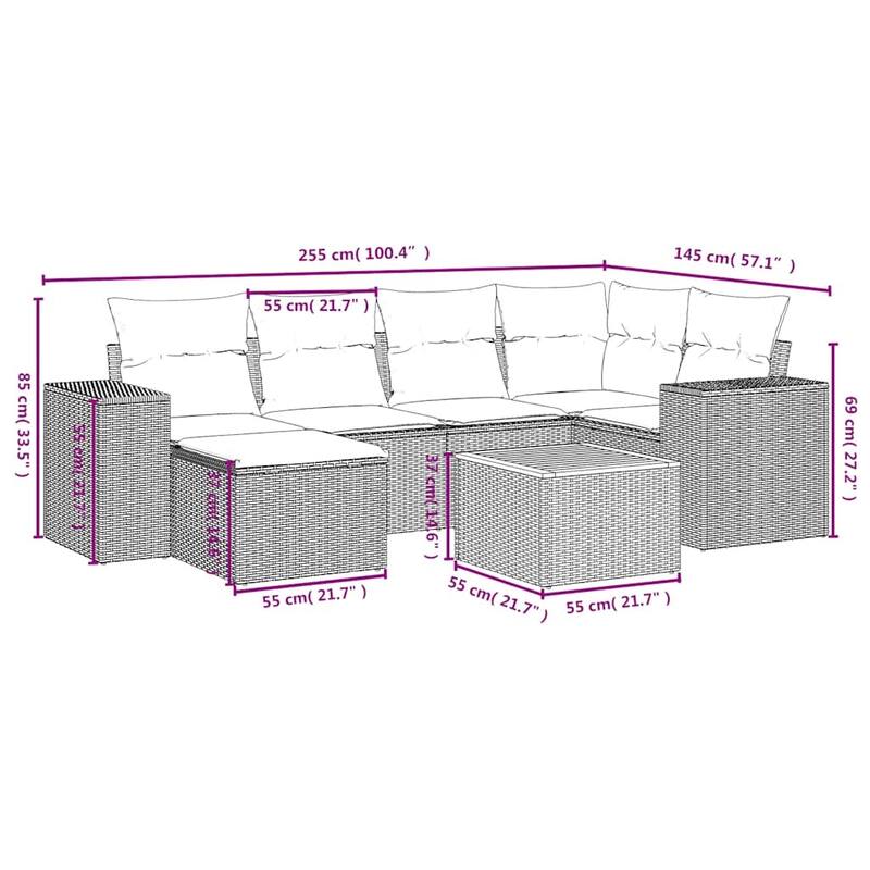 vidaXL 7 Piece Patio Sofa Set with Cushions Gray Poly Rattan - 100.4x33.5x57.1