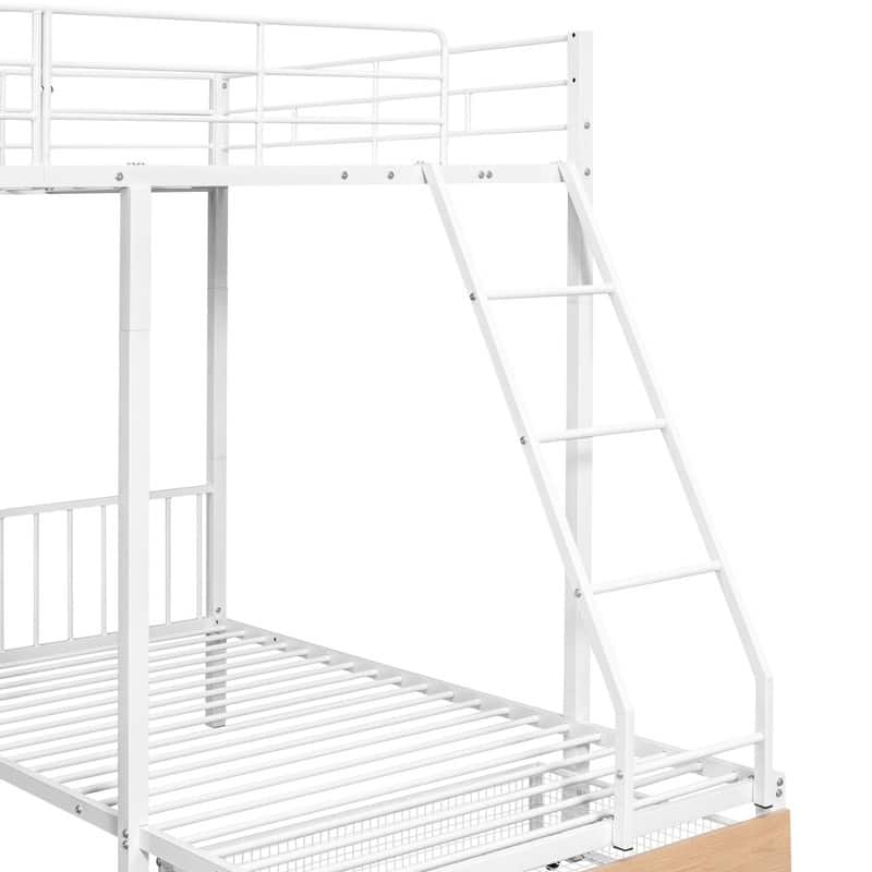 Metal Triple Bunk Bed,Full Over Twin & Twin Bunk Bed with Drawers and Guardrails,White