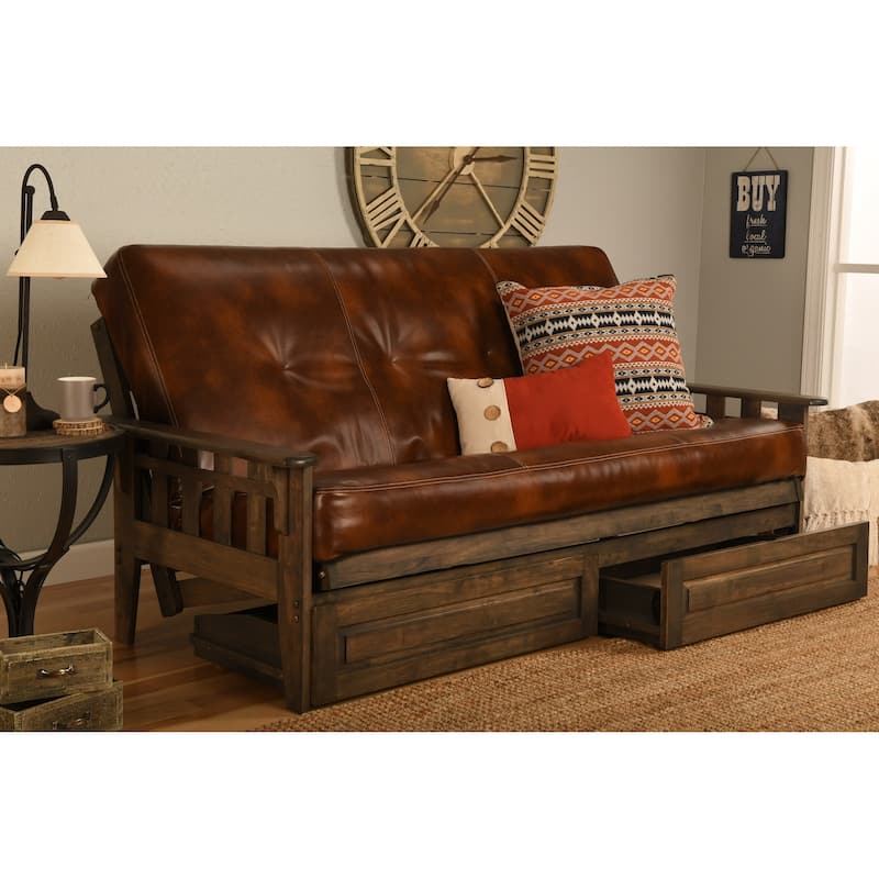 Somette Tucson Full Size Futon Set in Rustic Walnut Finish with Storage Drawers and Leather Mattress - Oregon Trail Saddle