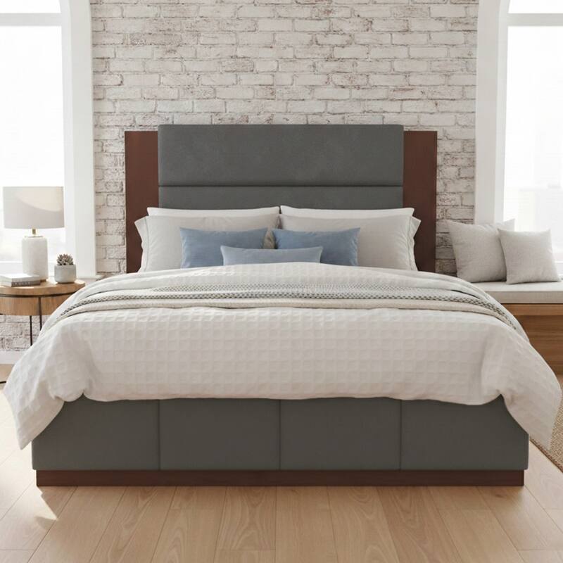 GDFStudio - Velvet Wooden Platform Bed with Extended Headboard