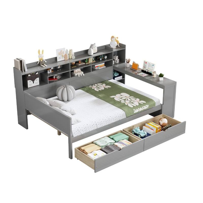 Wooden Full and Twin Size Daybed with Storage Shelves, Multi-functional Bed with Two Storage Drawers and Study Desk