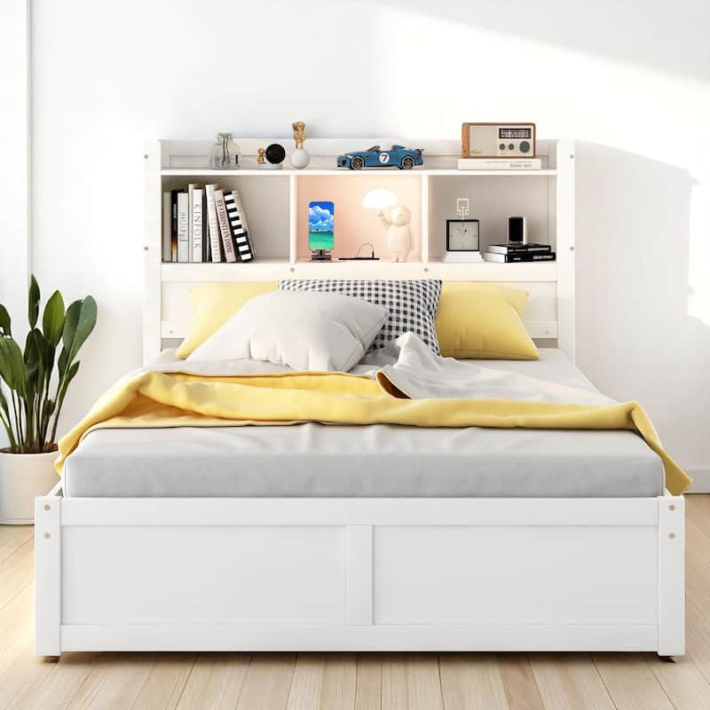 Full Storage Bed with Trundle, Headboard Shelves, USB Charging Port & 2 Drawers, Pine Wood Frame