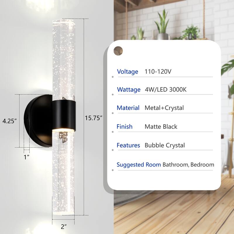 Modern 2-Light Matte Black Dimmable Indoor Wall Sconce With Crystal Bubble Glass Shade 3000K Led 4-Watt Vanity Light Bar
