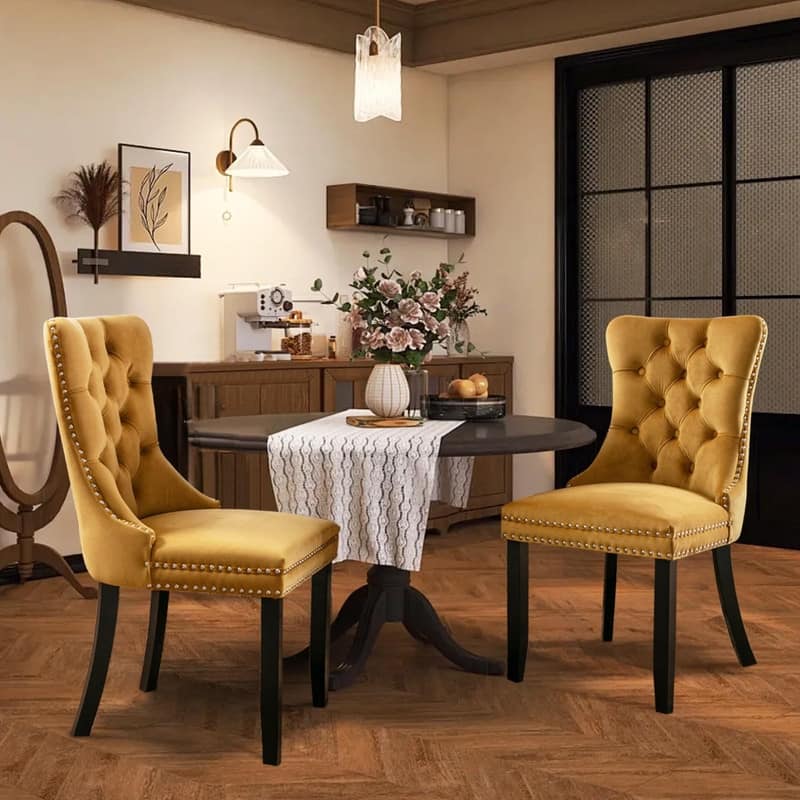 Tufted Naliheads Solid Wood Upholstered Dining Chairs (Set of 2) - Gold BlackLegs