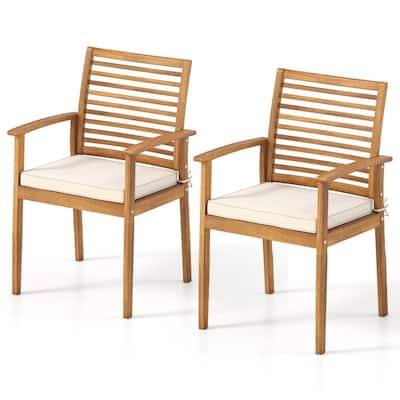 Natural Acacia Wood Patio Dining Chairs with Cushions Set of 2 Outdoor - 22.5" x 21.5" x 34"
