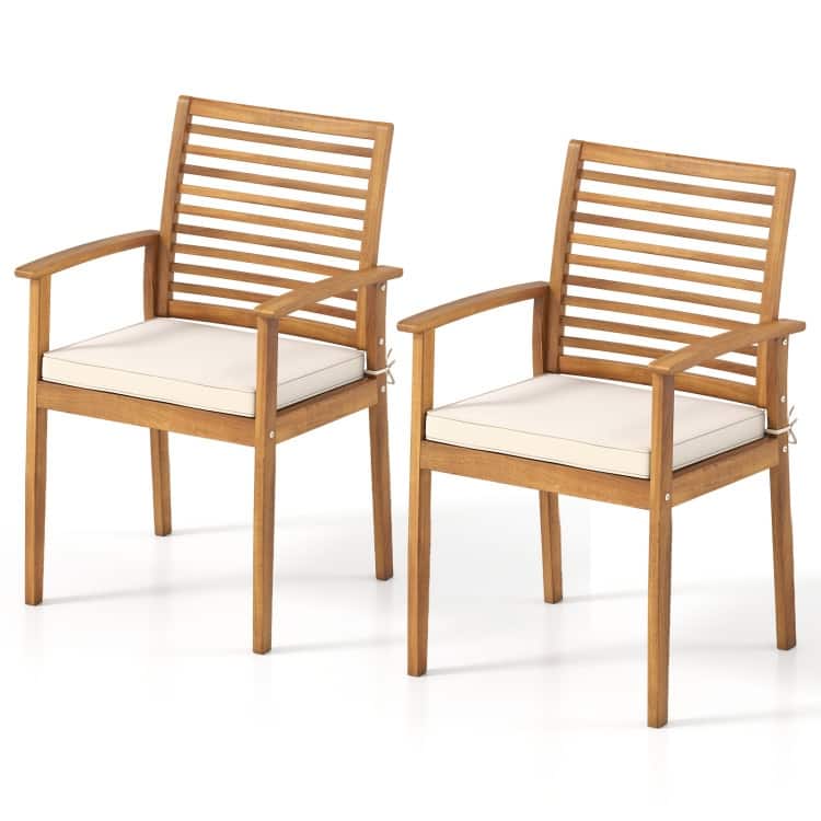 Natural Acacia Wood Patio Dining Chairs with Cushions Set of 2 Outdoor - 22.5" x 21.5" x 34"