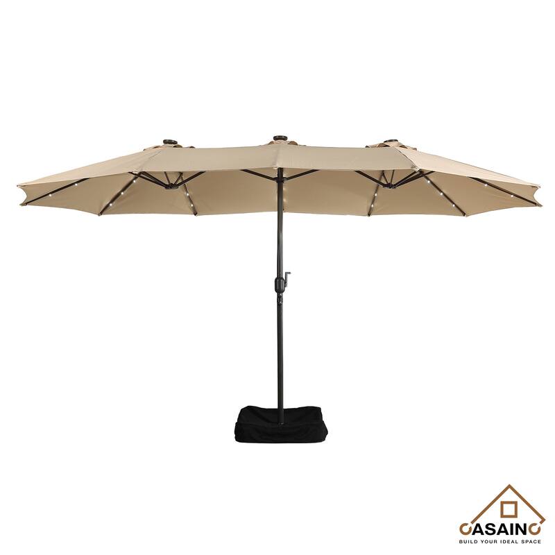 15-ft. Rectangular Crank Double-sided Outdoor Market Umbrella Solar LED Lighted Patio Umbrella with Base Included