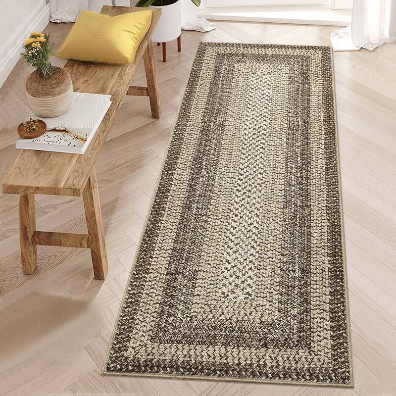 Washable Living Room Rugs Modern Braided Print Area Rug Border Design Accent Rugs for Bedroom Non-Slip Low Pile Area Rug