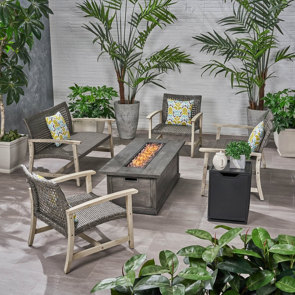 Breakwater Outdoor 6 Piece Wood and Wicker Chat Set with Fire Pit by Christopher Knight Home