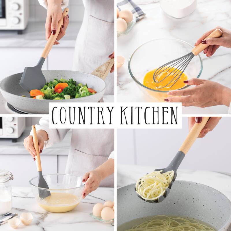 Country Kitchen Non Stick Silicone Utensil Set with Rounded Wood Handles for Cooking and Baking, 38 Piece Set