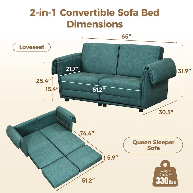 65" Loveseat Sleeper Sofa, Convertible Couch Bed Loveset Small Couchs for Living Room