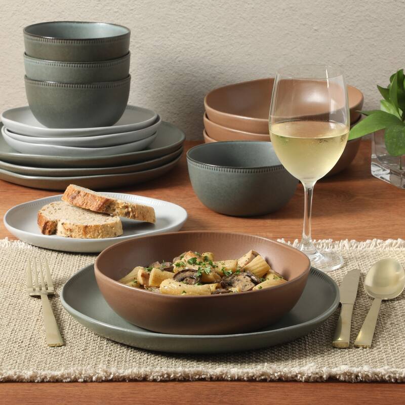 Gibson Elite Menlo Park 16-Piece Pottery Clay Stoneware Dinnerware Set - Reactive Glaze, Embossed, Service for 4