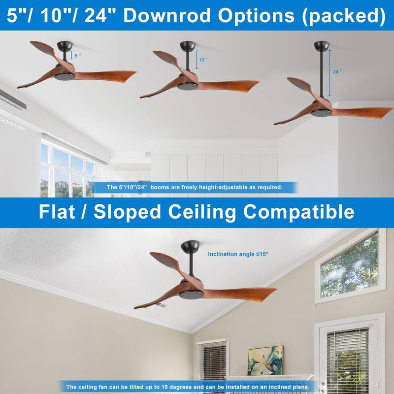 52" Wood 3-Blade Ceiling Fan without Light, 6-Speed Reversible DC Motor and Remote