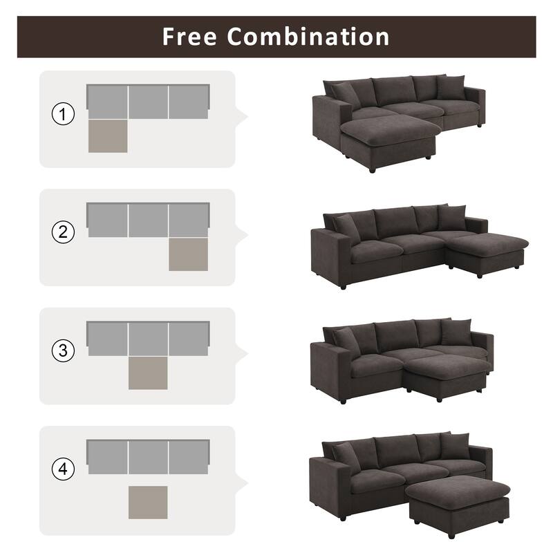 Modern Sectional Sofa, L-Shaped Couch Set with 2 Free pillows, 4-seat Polyester Fabric Sofa Couch with Convertible Ottoman