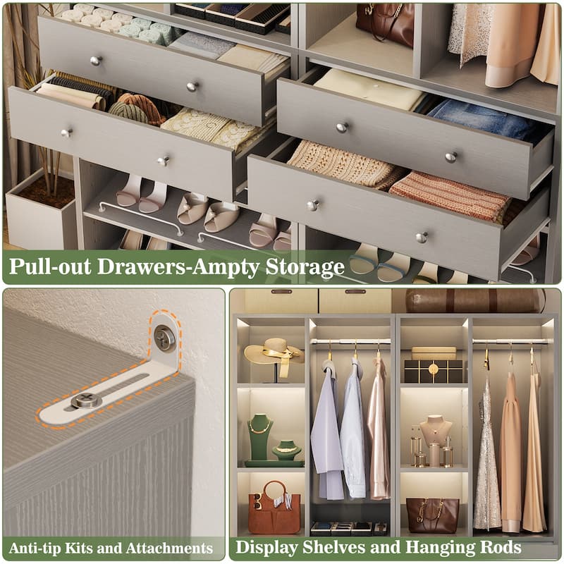 27.7'' Closet Organizer with Shoe Racks and Drawers, Closet System with Hanging Rod and Adjustable Shelves