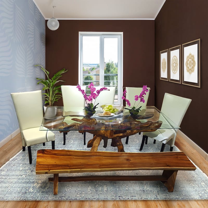Chic Teak Rustic Teak Wood Root Dining Table Including 87 x 43 Inch Glass Top