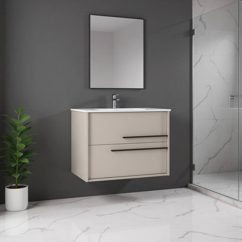 HomeRoots 24" Tan Wood Floating Bathroom Vanity With White Sink And Two Drawers - 24.00 in. x 24.60 in. x 21.60 in. - 24.00 in. x 24.60 in.  x 21.60 in. - Polished - Tan