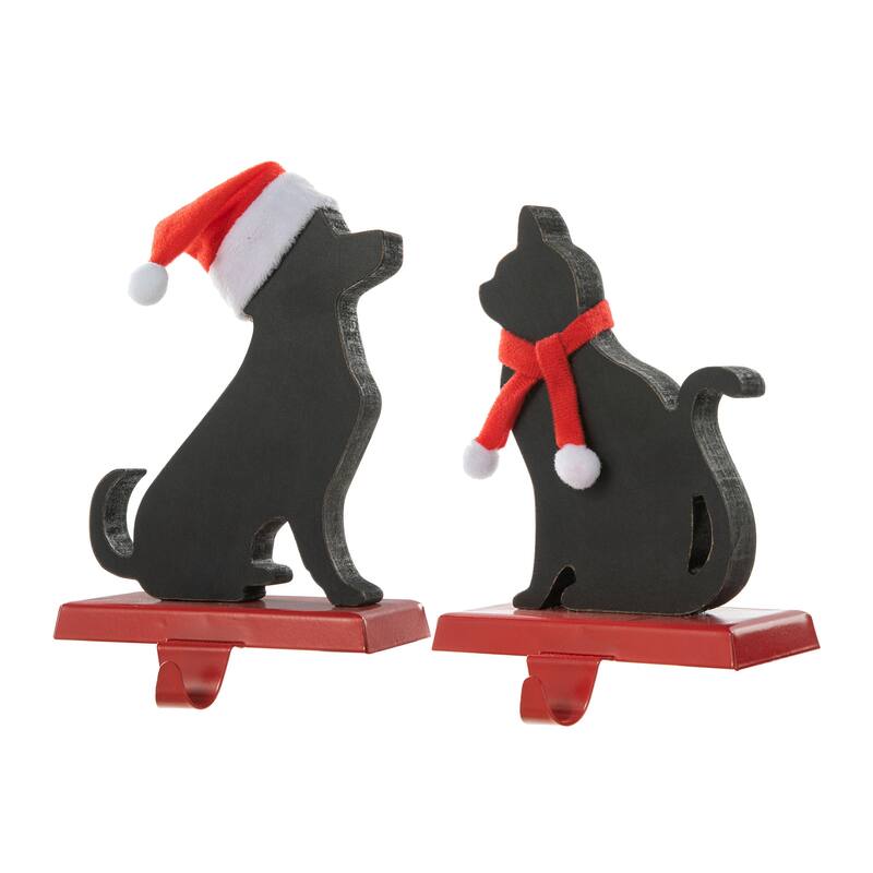 Glitzhome Wooden/Metal Cat & Dog Christmas Stocking Holders Mantel Ornament