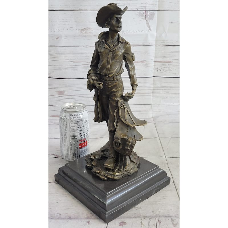 Cowboy Holding Imitative Horse Saddle Bronze Statue Sculpture Figure Western 13 Inches X 6 Inches