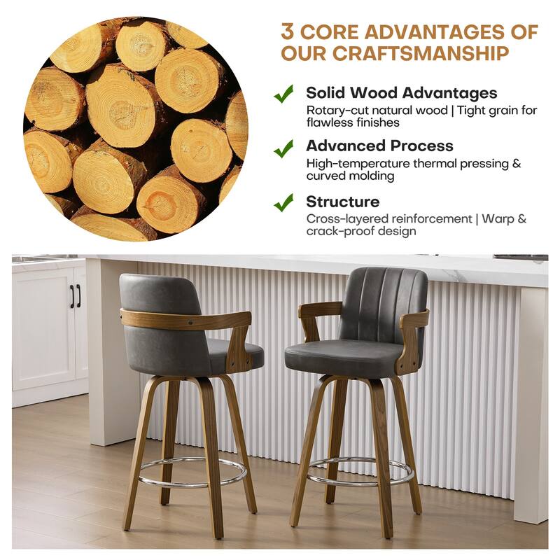 Upholstered Wood Swivel Counter Height Barstool with Arms - 37.8"H x 18.7"W x 19.29"D