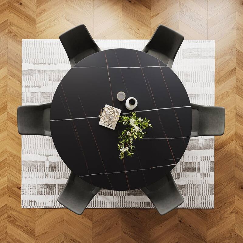Modern Round White Dining Table，Sintered Stone Tabletop, Solid Black Carbon Steel Base