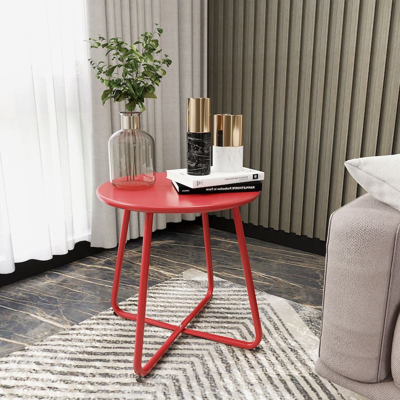 E-Coated Steel Side Table, Weather- Resistant Outdoor 18” Round End Table Accent Table for Bistro Balcony Apartment