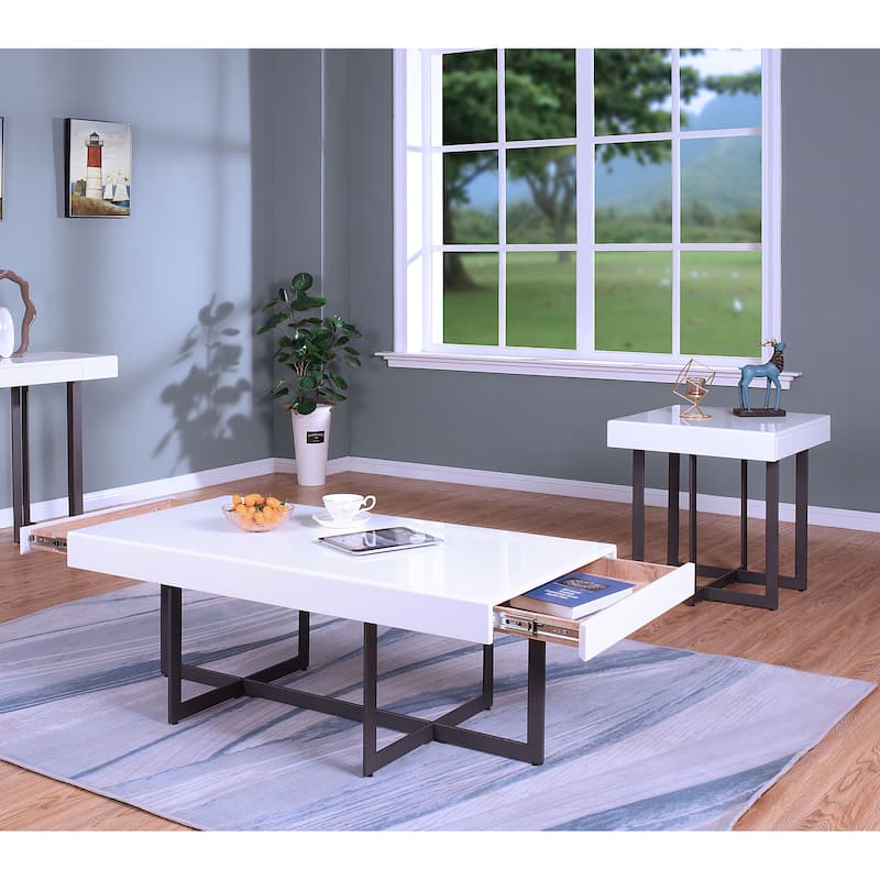 DH BASIC Contemporary White High Gloss Steel 2-Piece Storage Coffee Table Set by Denhour