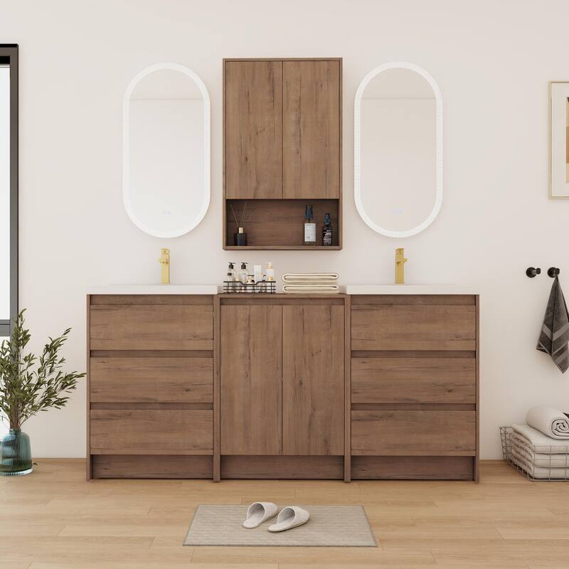Bathroom Vanity With Sink In 24/72 Inch, Freestanding Bathroom Vanity With Soft Close Drawer and Adjustable Shelf - 70.7''W×35.25''D×18.13''H - Imitative Oak