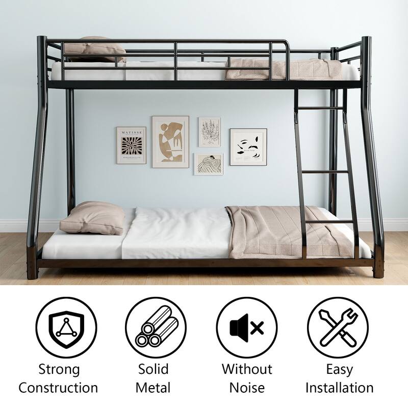 Twin Over Full Metal Bunk Bed, Heavy Duty Metal Bunk Bed Frame, Bunk Bed Twin Over Full with Ladder & Full-Length Guardrail