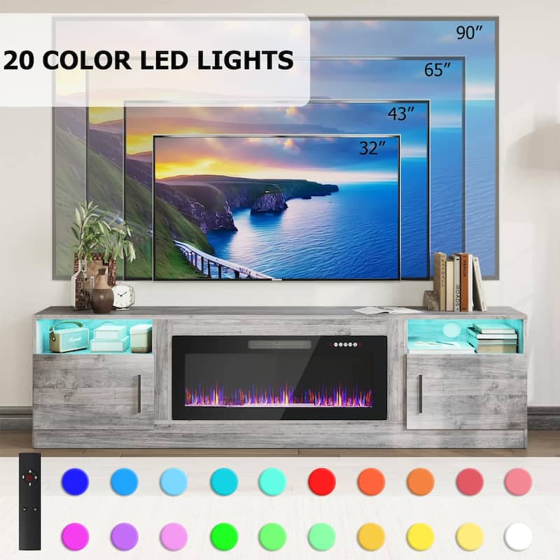 80" Modern Electric Fireplace TV Stand with 20-Color LED Lights, Fits Up to 90" TV, Adjustable Shelves & Cable Management