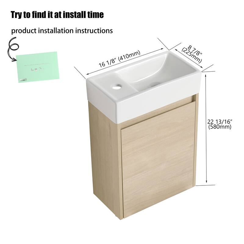 16"/18" Floating Bathroom Vanity with Sink, Mini Wall Mounted Bathroom Vanity with Soft Close Door
