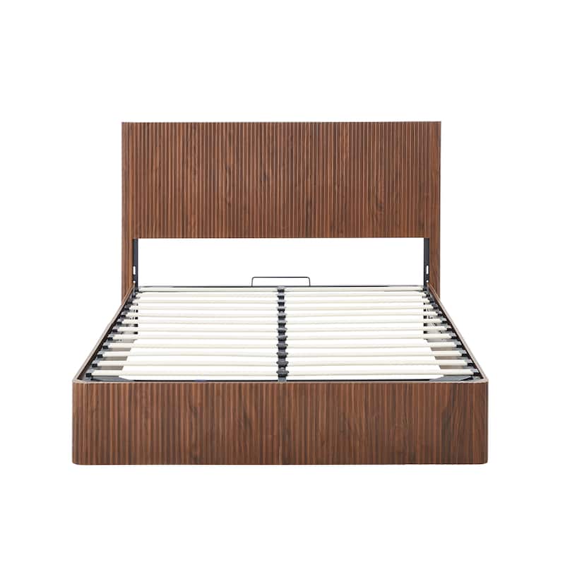 Queen Size Hydraulic Lift Storage Bed Frame, Wooden Corrugated Design, No Box Spring Needed, Walnut Finish