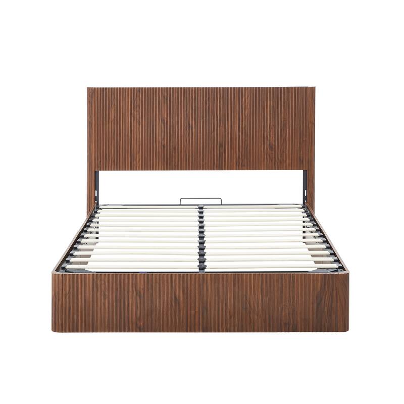 Queen-Sized Hydraulic Lift-Up Storage Bed Frame With Wooden Corrugated Curved Lines, No Box Spring Required‌